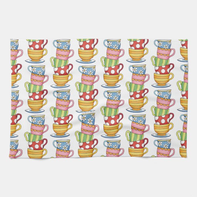 Linge De Cuisine Stacked Teacups Teatime Illustration (Horizontal)