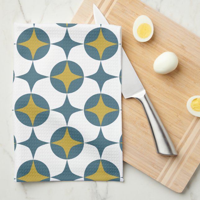Linge De Cuisine Star Atomique Bleue Et Jaune Au Milieu Du Siècle (Quart Plié)