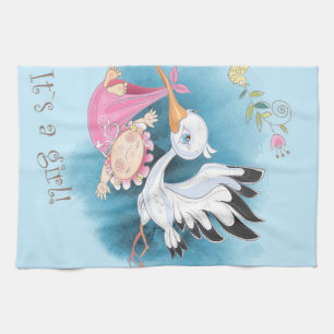 Linge De Cuisine Stork Mouches Avec Bébé Girl   Cadeau pour bébé