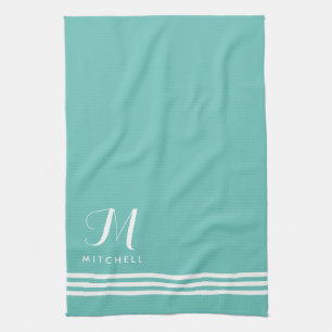 Linge De Cuisine Stripes et Monogrammes turquoises et blancs