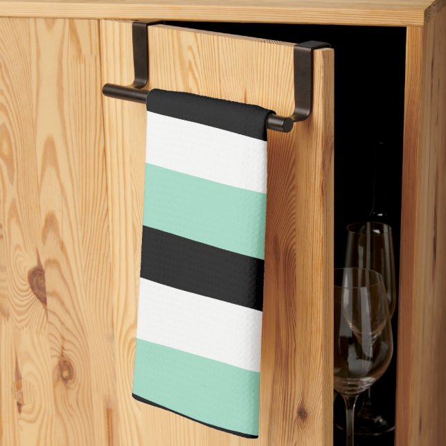 Linge De Cuisine Stripes inégales - Mint vert, blanc et noir (Pliage en tiers)