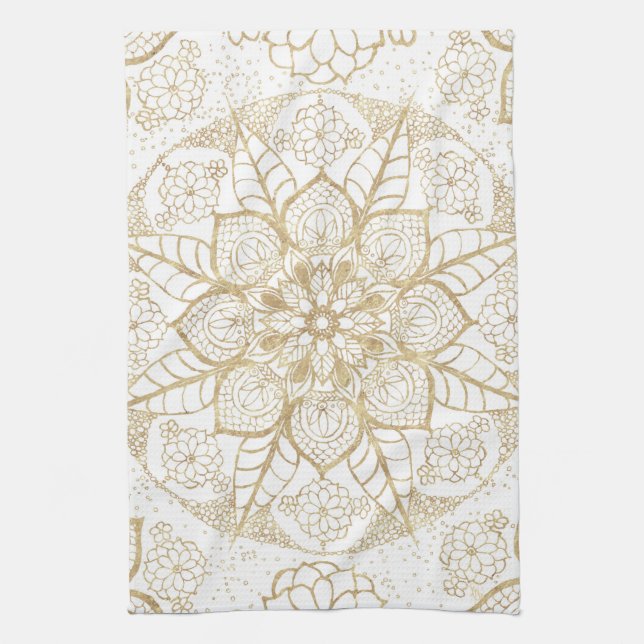 Linge De Cuisine Style Boho Blanc Or Mandala Floral (Vertical)