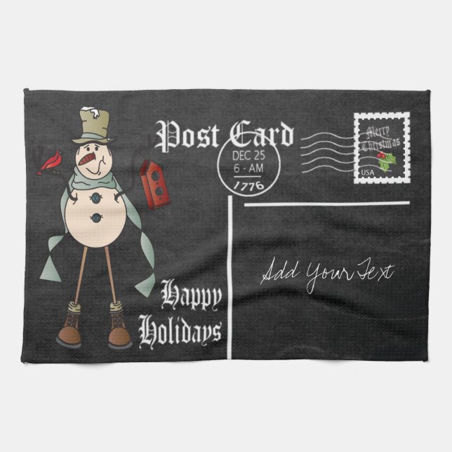 Linge De Cuisine Style Chalkboard Blue Snowman Design de carte post (Horizontal)