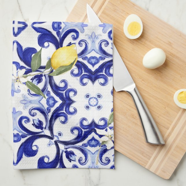 Linge De Cuisine style sicilien, citrons, majolica (Quart Plié)