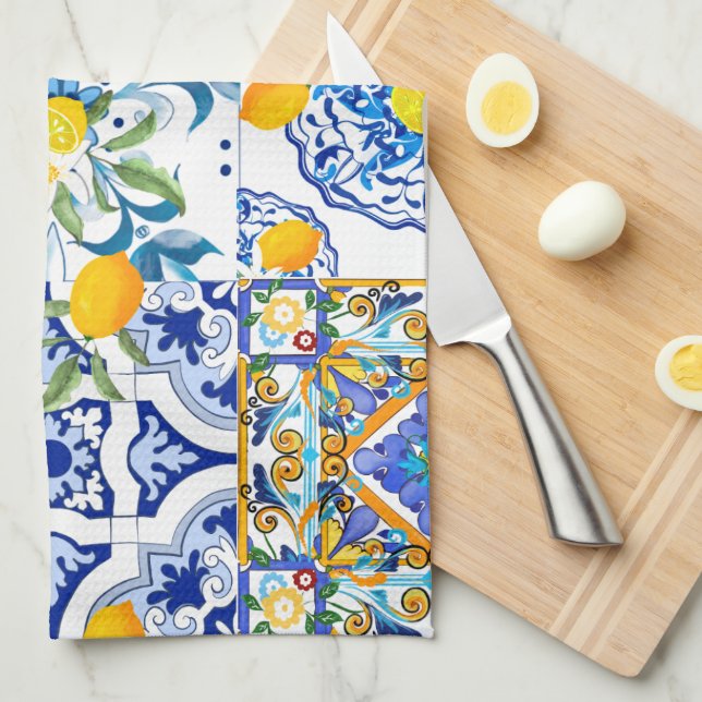 Linge De Cuisine style sicilien, majolica, citrons      (Quart Plié)