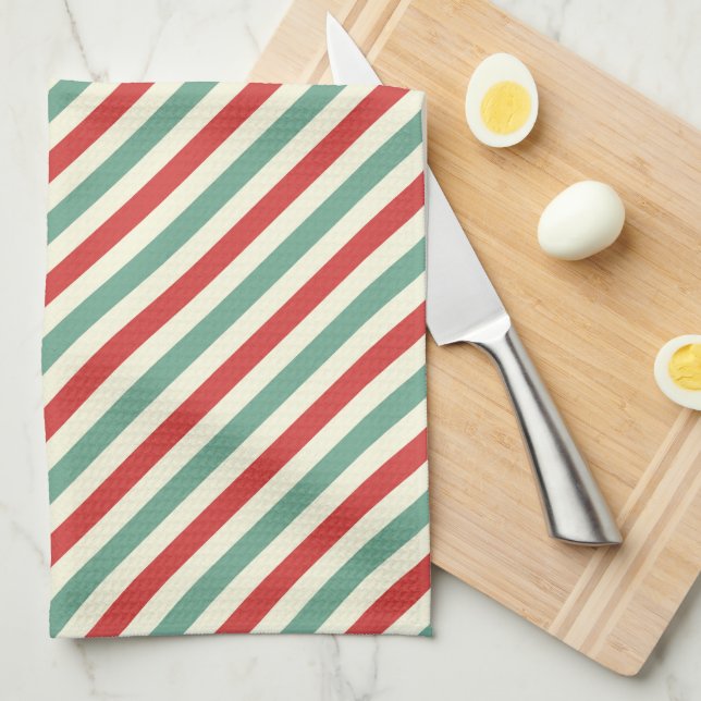 Linge De Cuisine Sucre de canne de Noël rétro rayures rouge vert (Quart Plié)