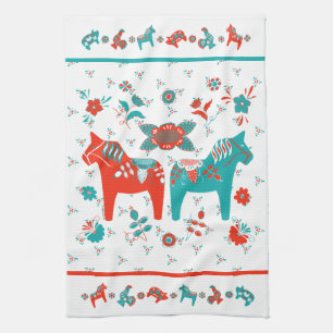 Linge De Cuisine Suédois Folk Dala Horse l Turquoise et rouge