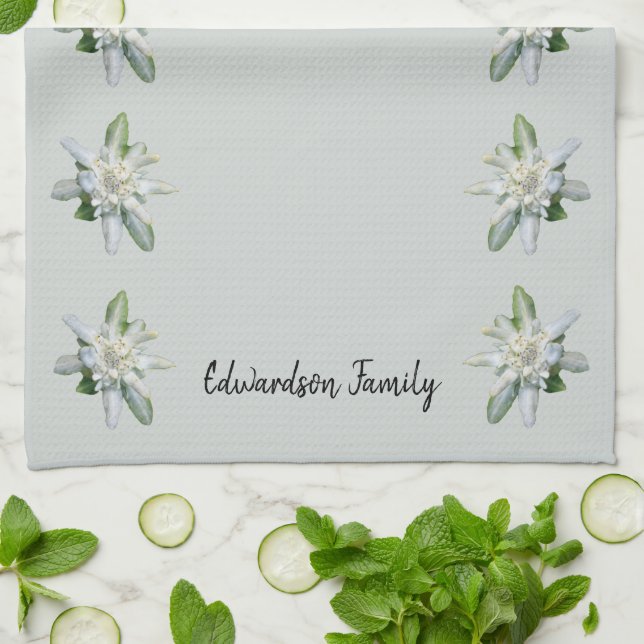 Linge De Cuisine Suisse Edelweiss fleurs nom monogramme (Plié)