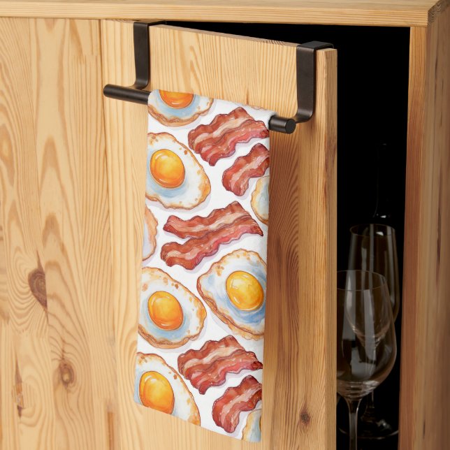 Linge De Cuisine Sunny Side Up & Crispy - Oeufs d'aquarelle et Baco (Pliage en tiers)