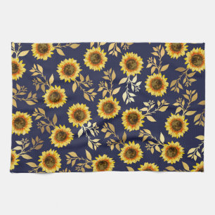 Linge De Cuisine Sunny Yellow Gold Navy Feuille Motif