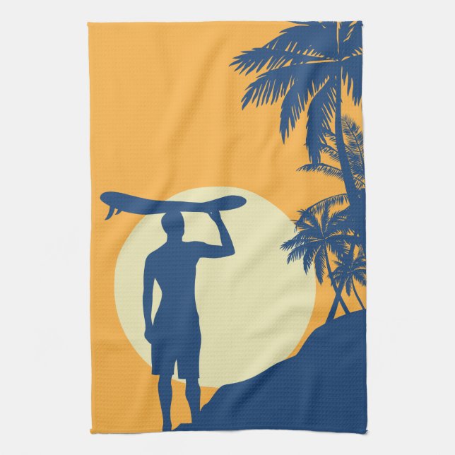 Linge De Cuisine Surfer, palmier, falaise, soleil, surfer, cuisine (Vertical)