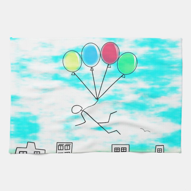 Linge De Cuisine Survoler La Ville Avec Des Ballons (Horizontal)