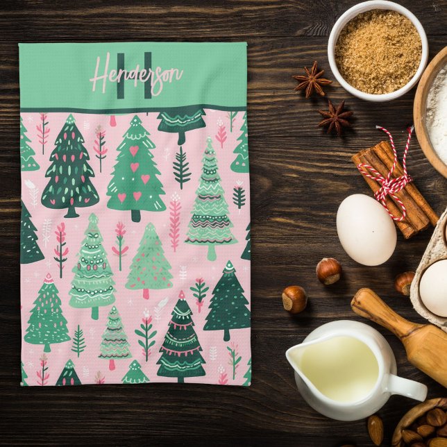 Linge De Cuisine Sympa Fun Pink & Green Christmas Tree Nom du Motif (Créateur téléchargé)