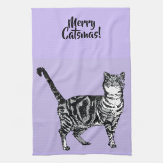 Linge De Cuisine Tabby Cat Merry Christmas Purple Lavender Pastel