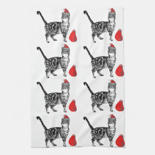 Linge De Cuisine Tabby Chat Noël Cool Chat Rouge Blanc Tea Serviett