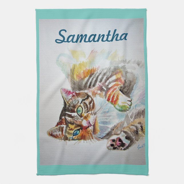 Linge De Cuisine Tabby tabbies Cute Cat Cats aquarelle Cute Script  (Vertical)