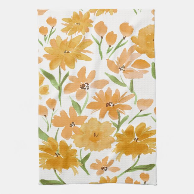 Linge De Cuisine Tablier de cuisine fleuri Orange Watercolor Blooms (Vertical)