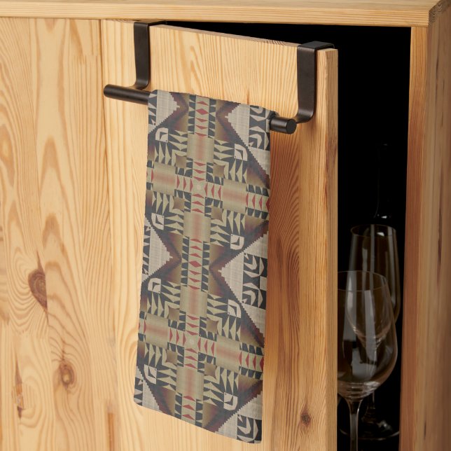 Linge De Cuisine Tan foncé Taupe Brown Rouge Noir Tribal Art (Pliage en tiers)