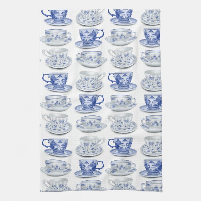 Linge De Cuisine Tasse de thé bleue et blanche (Vertical)