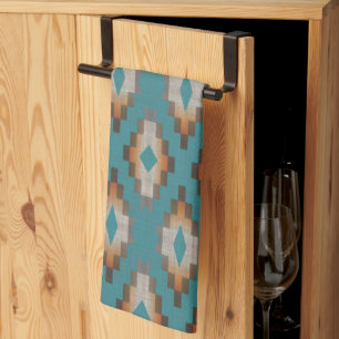 Linge De Cuisine Taupe Brown Bleu Turquoise Orange Tribal Art Motif