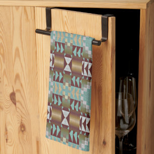 Linge De Cuisine Taupe Brown Turquoise Aqua Blue Tribal Motif