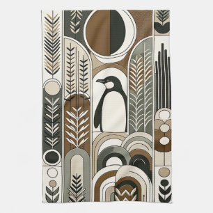 Linge De Cuisine Taupe Mocha Arcs Abstraits de grains Motif Penguin