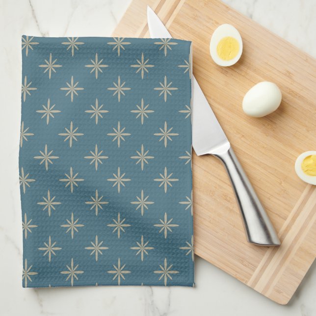 Linge De Cuisine Taupe Stars sur Blue Atomic Mid Century Motif (Quart Plié)