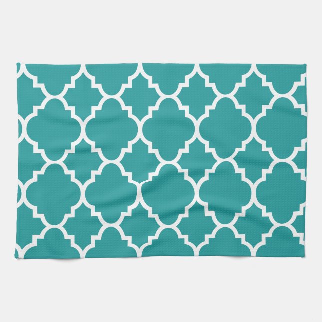 Linge De Cuisine Teal Blue White Quatrefoil (Horizontal)