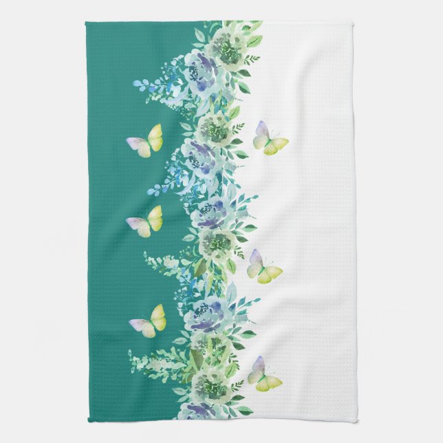 Linge De Cuisine Teal Green Botanical Butterflies Kitchen Towel (Vertical)