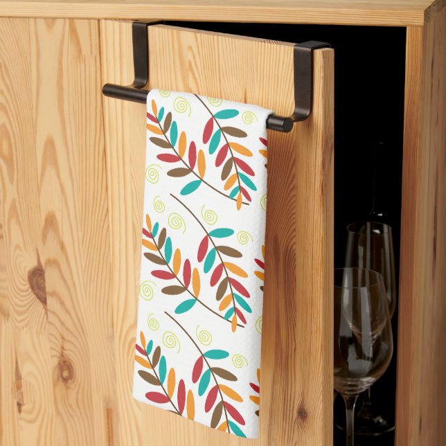 Linge De Cuisine Teal, orange, rouge, motif Brown de feuille (Pliage en tiers)