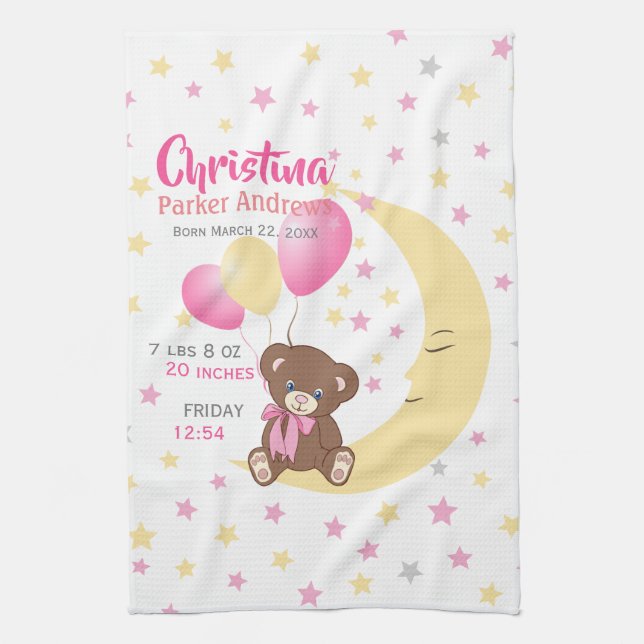 Linge De Cuisine Teddy Bear assis sur la Lune Baby Birth Statistiqu (Vertical)