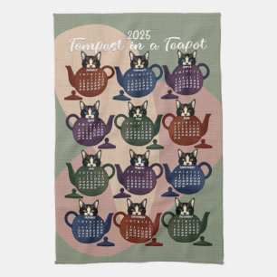 Linge De Cuisine Tempête dans un chat de thé chat Cute 2025 Calendr