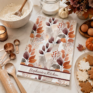 Linge De Cuisine Terre cuite et feuilles d'automne Bourgogne Boho