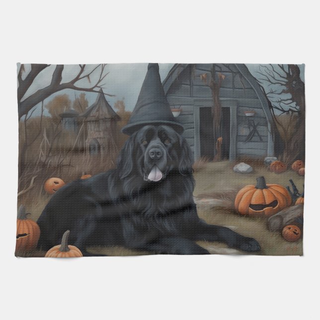 Linge De Cuisine Terre-Neuve Citrouille Halloween effroi (Horizontal)