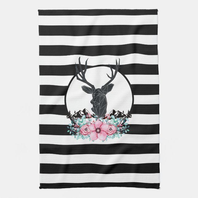 Linge De Cuisine Tête de cerf noir avec Fleurs et Montagnes roses (Vertical)