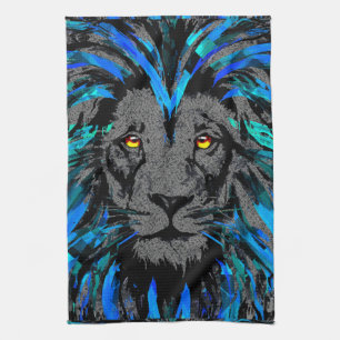 Linge De Cuisine Tête Lion Bleue - Portrait Lion - Visage Lion