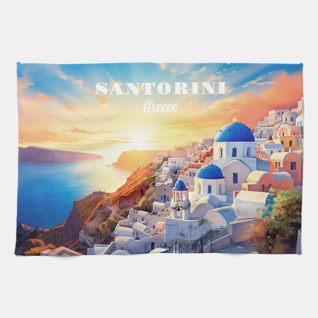 Linge De Cuisine Texte personnalisé Coucher de soleil Santorin Grèc (Horizontal)