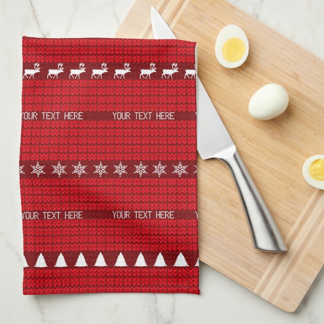 Linge De Cuisine Texte personnalisé de Noël Rouge Blanc Manipulé (Quart Plié)