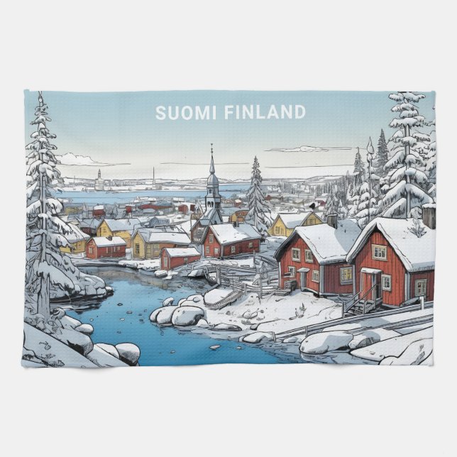 Linge De Cuisine Texte personnalisé Finlande - Illustration hiverna (Horizontal)