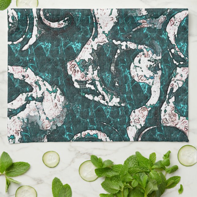 Linge De Cuisine Texture des taches blanches mélangées en aquamarin (Plié)