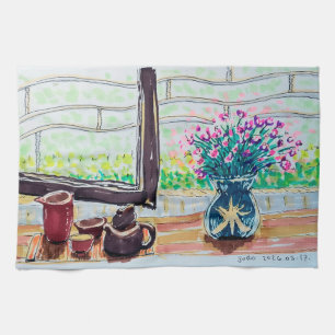 Linge De Cuisine Thé et Fleurs de la Fenêtre