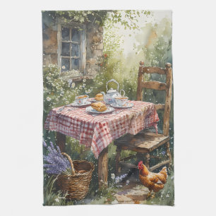 Linge De Cuisine Thé Matinal dans un Jardin de Cottage Aquarelle
