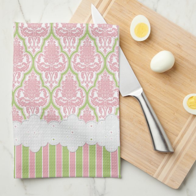 Linge De Cuisine Thé rose et vert de damassé chic minable (Quart Plié)