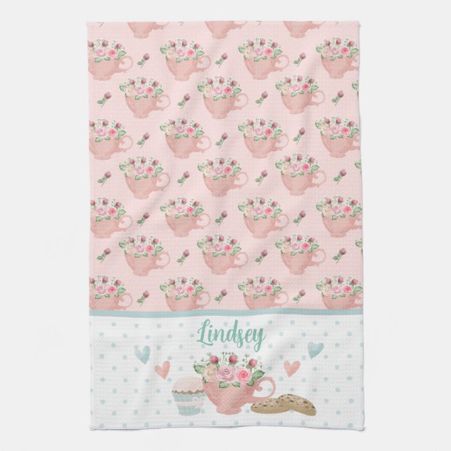 Linge De Cuisine Thé rose et vert et gâteaux personnalisés (Vertical)