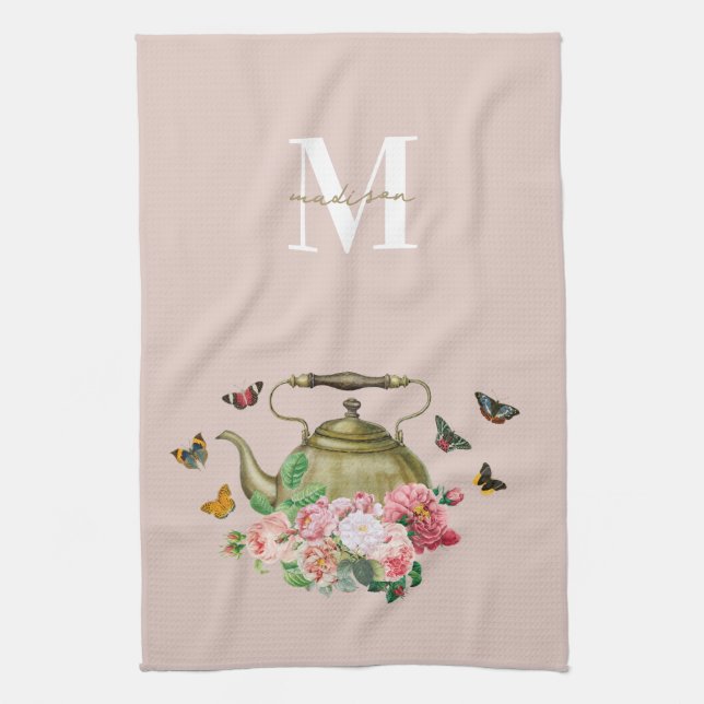 Linge De Cuisine Théière Fleurs Roses et Papillons Monogramme (Vertical)