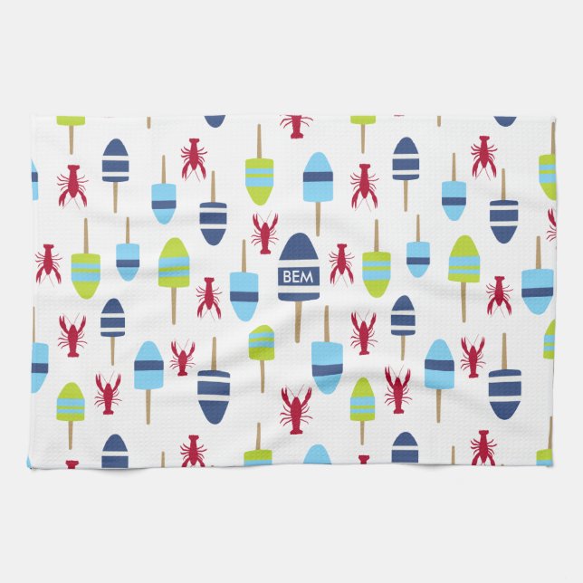 Linge De Cuisine Thème nautique Bouée et homard monogrammés (Horizontal)