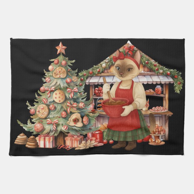 Linge De Cuisine Thème Noël de chat dans la boulangerie (Horizontal)