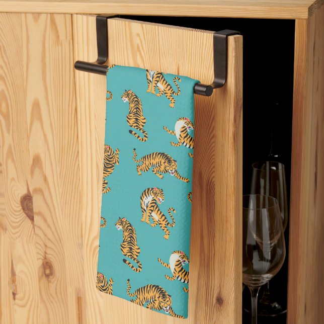 Linge De Cuisine Tiger sur Motif Turquoise (Pliage en tiers)