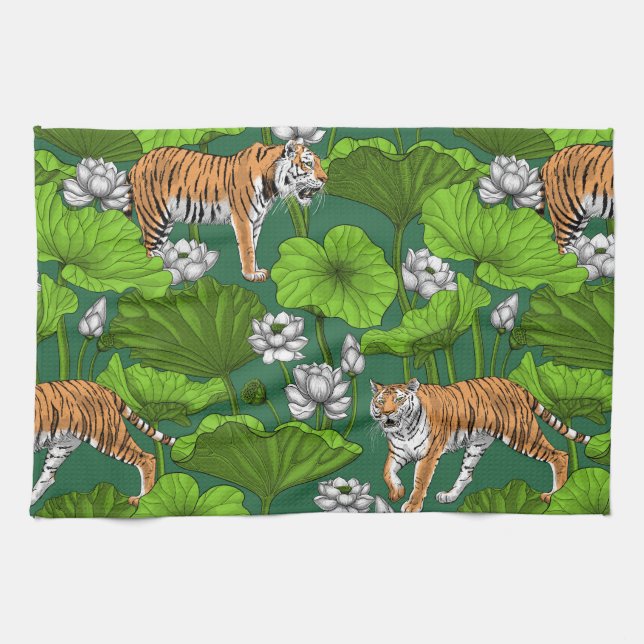 Linge De Cuisine Tigres dans l'étang blanc de lotus (Horizontal)