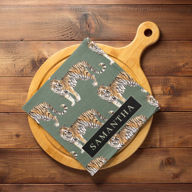 Linge De Cuisine Tigres d'aquarelle verte tropicale Motif avec nom (Créateur téléchargé)